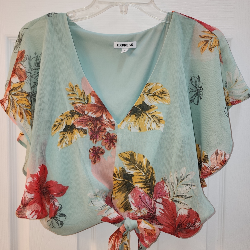 Express Mint Floral Blouse with Tie-Front